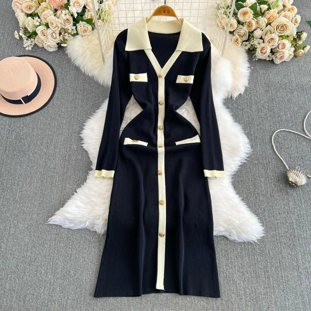 Elegant Women Fashion Casual Bodycon Knitted Dress Vintage Single Breasted Party Birthday Prom Vestidos Female Clothes Long Robe