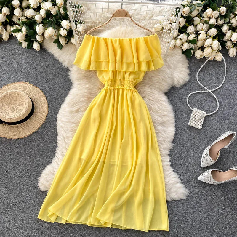Women Chiffon Beach Dress Sexy Double Layer Ruffled Off The Shoulder Boho Dresses Ladies Sweet Slash Neck Long Dress