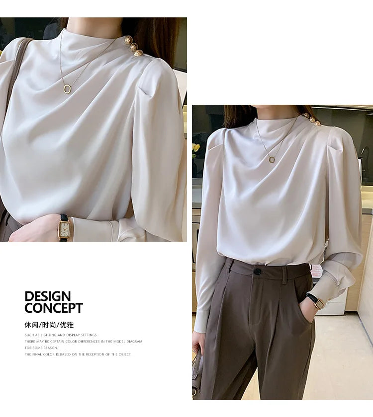Autumn New Women's Style Stand up Collar Pleated Long Sleeve Top Fashion Lantern Sleeve Loose Elegant Solid Color Shirt Blouse