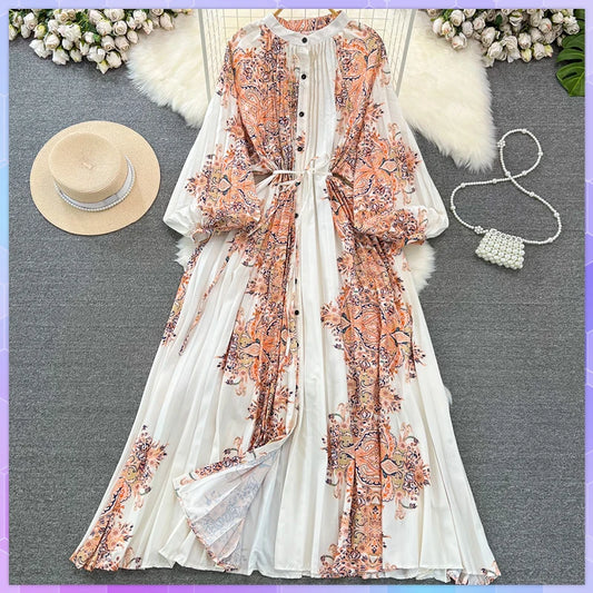 Women's Retro Ethnic Long Dresses Lantern Sleeves Bohemian Holiday Female Dress Robe Vestidos Para Mujer Spring Autumn Платье