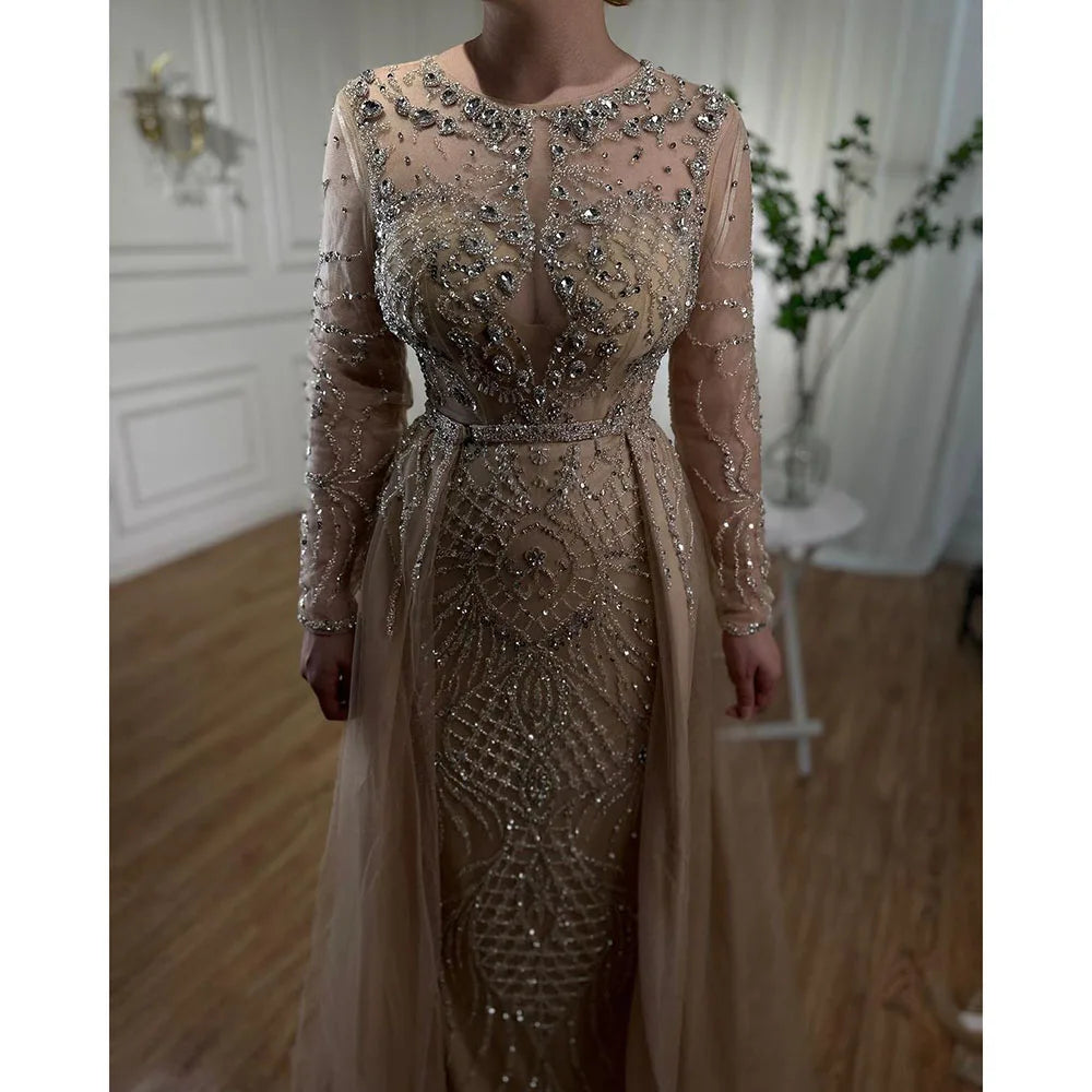 Serene Hill Muslim Silver Nude Mermaid Gown with Detachable Overskirt Beaded Evening Dress for Women Wedding Party 2024 LA71919