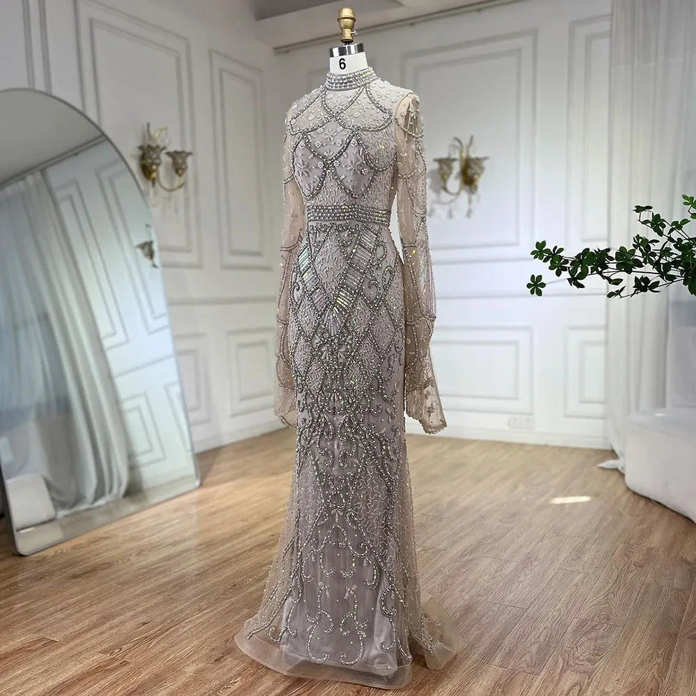 Serene Hill Muslim Grey Mermaid Elegant Nude Cape Sleeve Beaded Luxury Dubai Long Evening Dress 2024 Women's Party LA72316