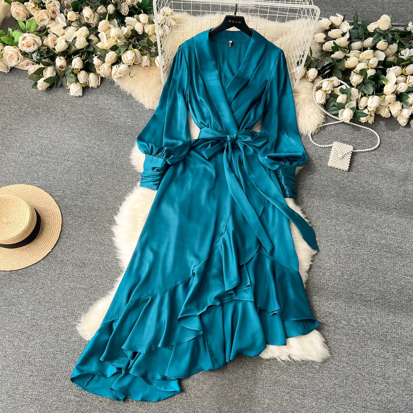 Women Elegant Satin Dress Summer Bandage High Waisted Ruffled Irregular Blazer Dresses Ladies A-line Vintage Party Long Robe