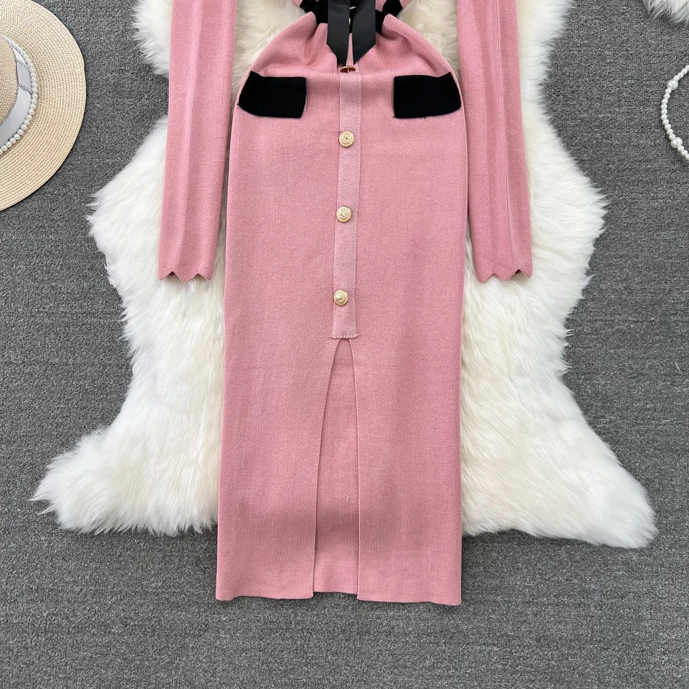 Women Elegant Butterfly Long Sleeve Bodycon V Neck Split Dress Vintage French Slim Knit Tight Vestido Autumn Winter Sweater Robe