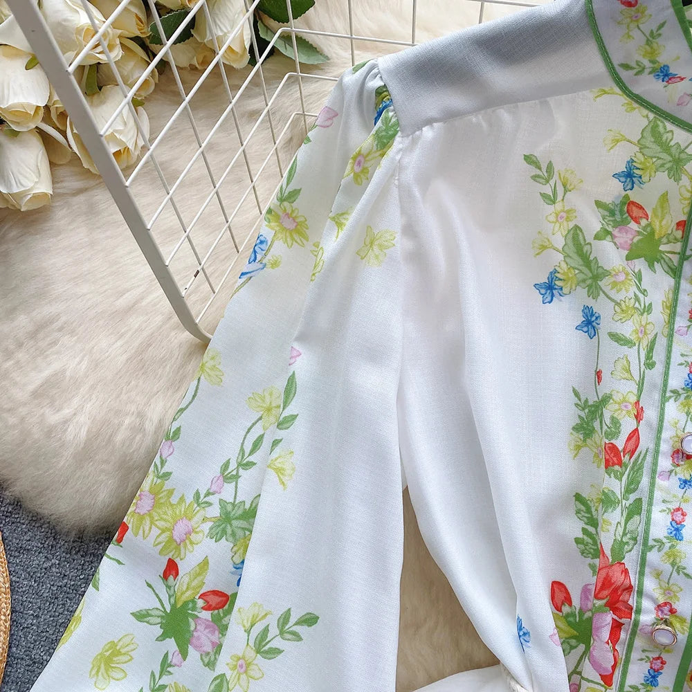 Clothes For Women Dresses 2024 Spring Ruffle Hem Vintage Floral Print Dress Stand Neck Long Sleeve Holiday Mini Dress With Belt