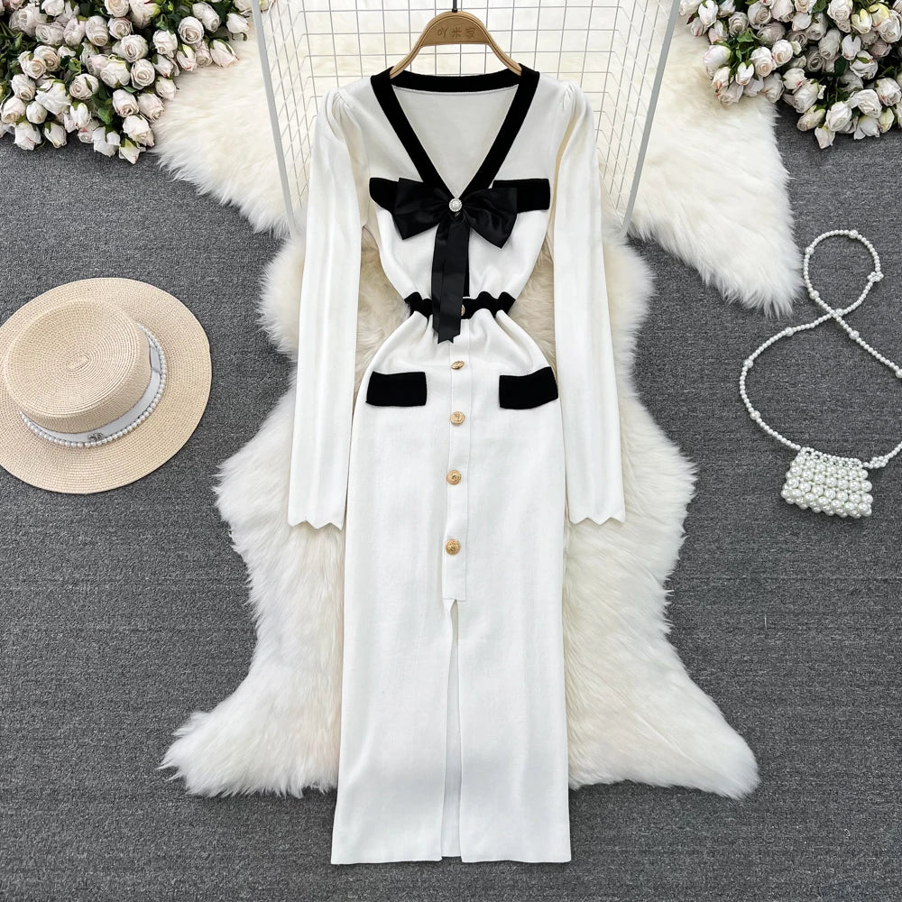 Women Elegant Butterfly Long Sleeve Bodycon V Neck Split Dress Vintage French Slim Knit Tight Vestido Autumn Winter Sweater Robe