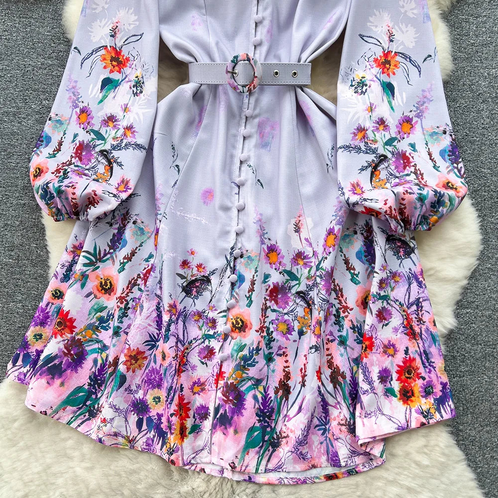 Spring Dresses 2024 Women Clothing Long Sleeve Party Elegant Dress With Belt Stand Collar Vintage Floral Print Holiday Dress