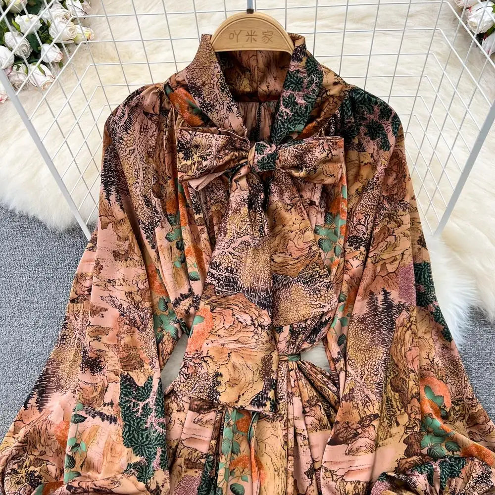 Elegant Casual A-Line Vintage Ruffle Print Long Dress Autumn Lantern Sleeve Party Boho Dresses Beach Holiday Female Vestidos