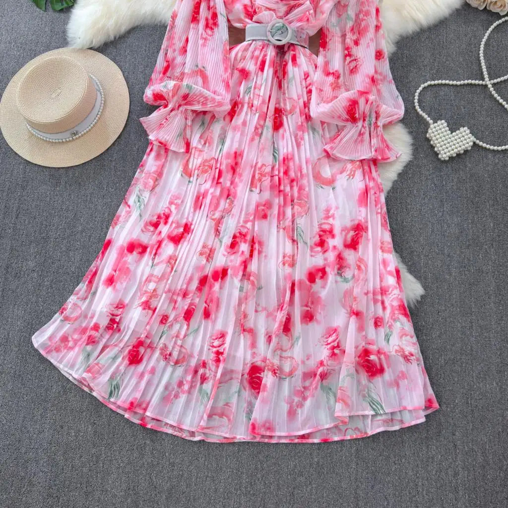 Summer Vintage Casual A-Line Floral Print Women Dress Elegant Chic Pleated Party Prom Vestidos with Belted Female Long Robe
