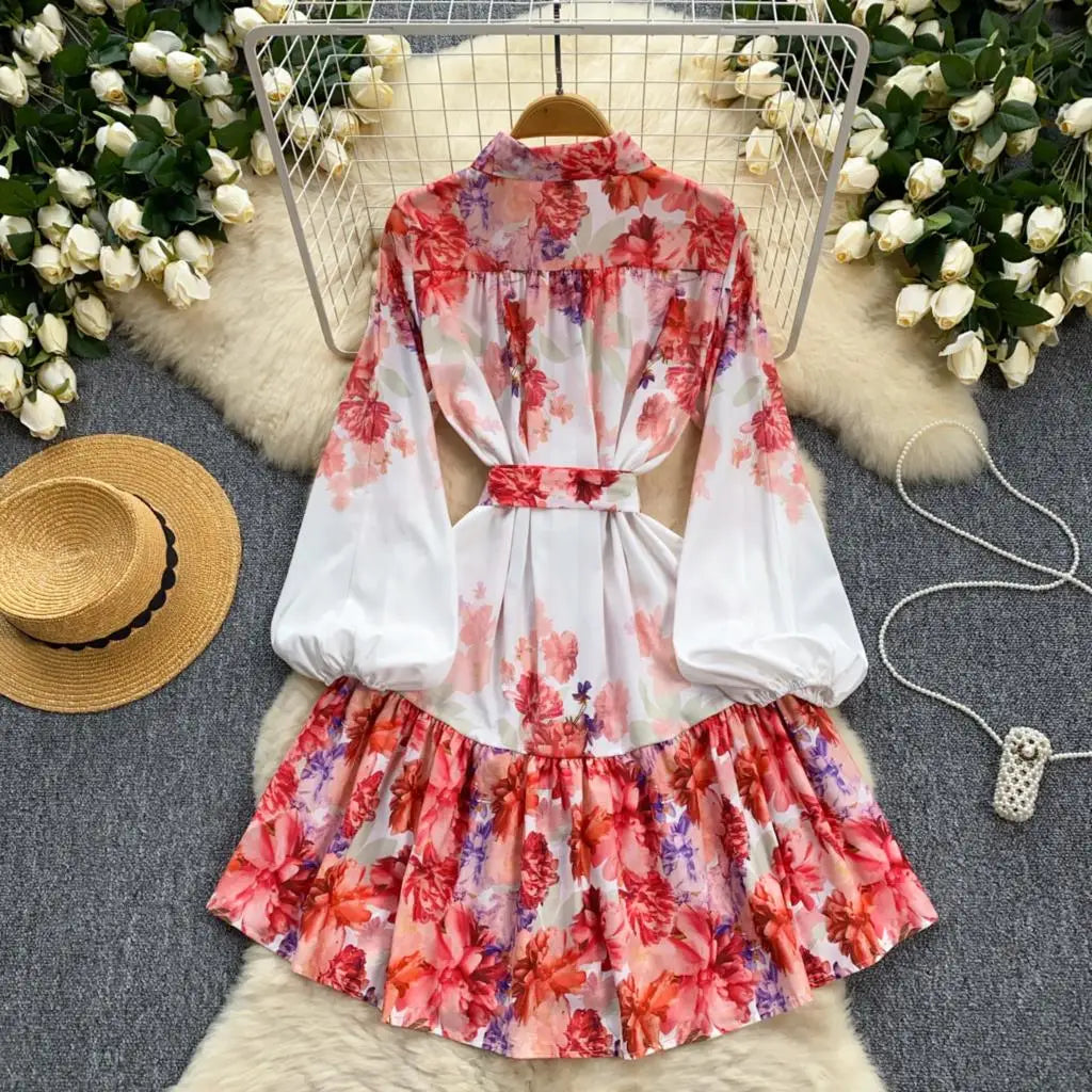 Elegant Casual Women Pleated Print Mini Dress Vintage Lace-up Lantern Sleeve Ruffles Short Dresses Female Party Clothes Robe
