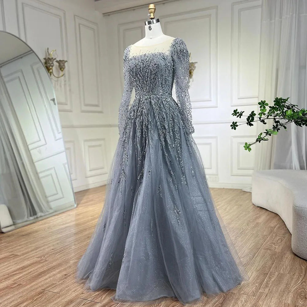 Serene Hill Muslim Pink A Line Beaded Luxury Dubai Long Evening Dresses Gowns 2024  For Woman Wedding Party LA71915