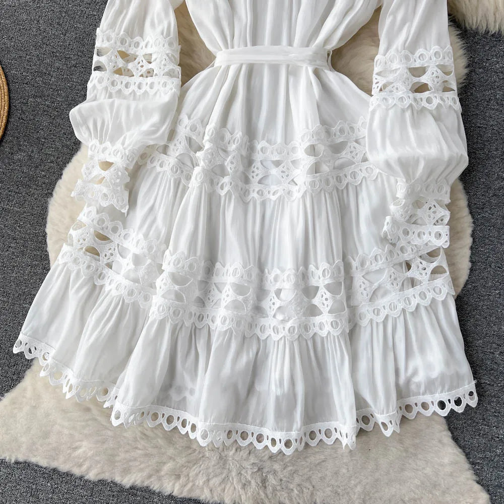 2023 Spring Summer Holiday Dress Women Stand Collar Long Sleeve Button Up Embroidery Trim Luxury Elegant Mini Dress With Belt