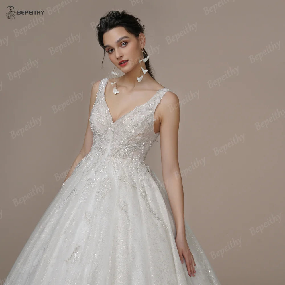BEPEITHY Bride Luxury V Neck Crystal Wedding Dresses 2023 Sleeveless Court Train Beading Exquisite Ivory Bridal Ball Gown Spring