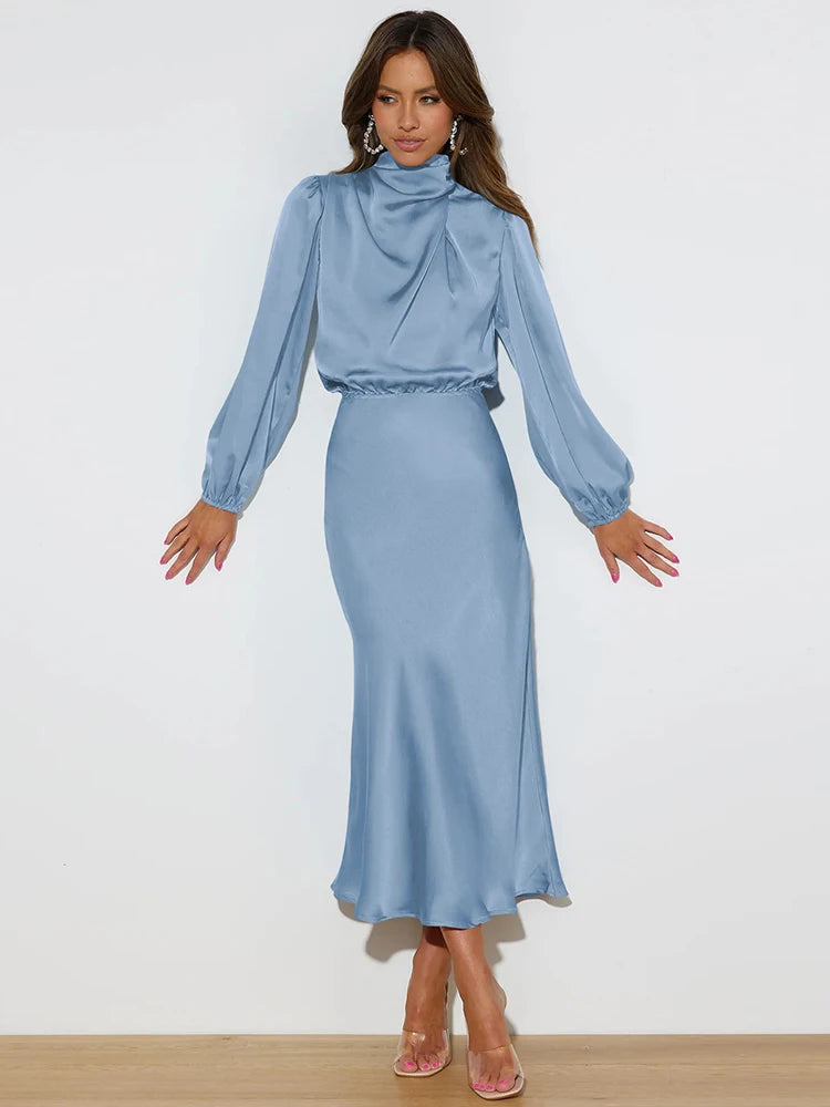 Spring Summer New High-End Satin Long Sleeved Dress Women's Ladylike Elegant Evening Dress Party Clothes Celebrity Dresses