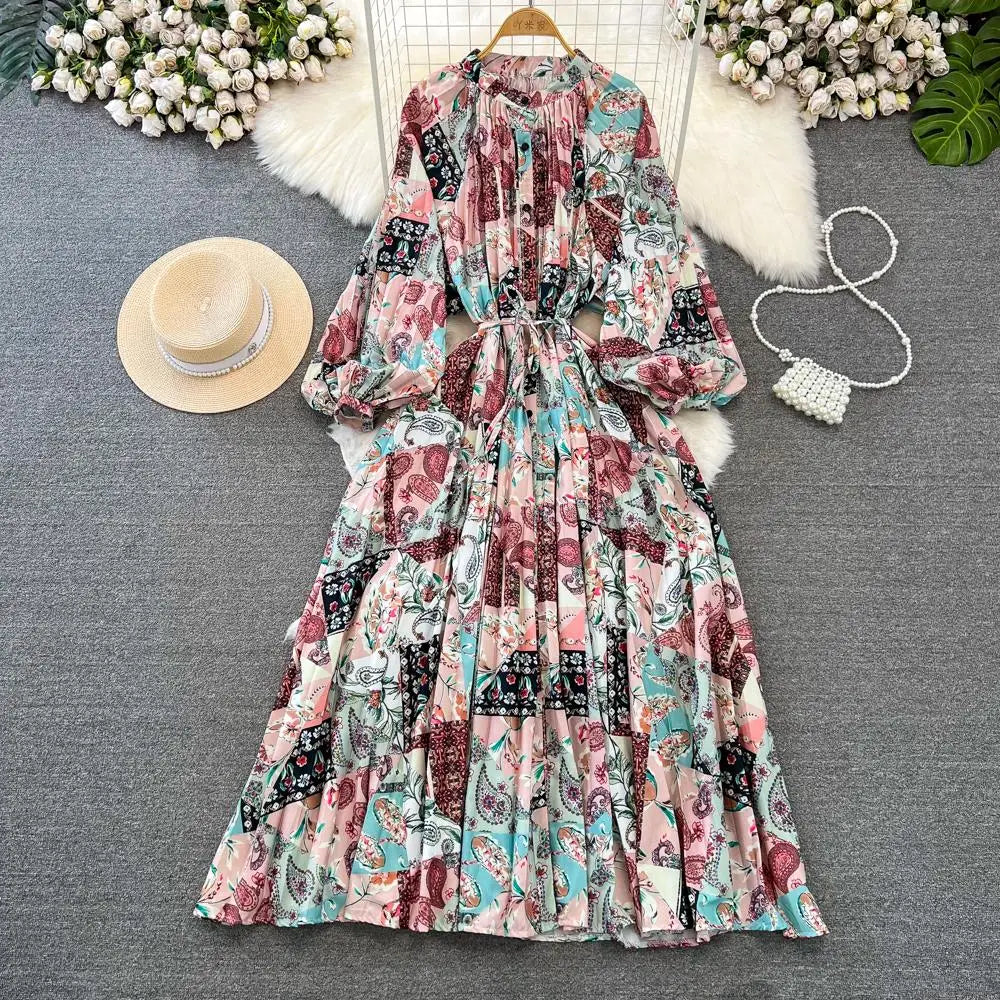 Elegant Women Casual Floral Print Party Dress Vintage Lantern Sleeve A-Line Pleated Prom Birthday Clothes Female Fashion Robe
