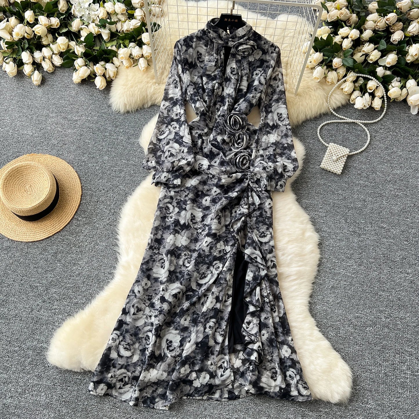 Chic French Sexy Pleated Floral Print Elegant Ruffle Dress Vintage Split Slim High Street Evening Women Autumn Winter Clothing