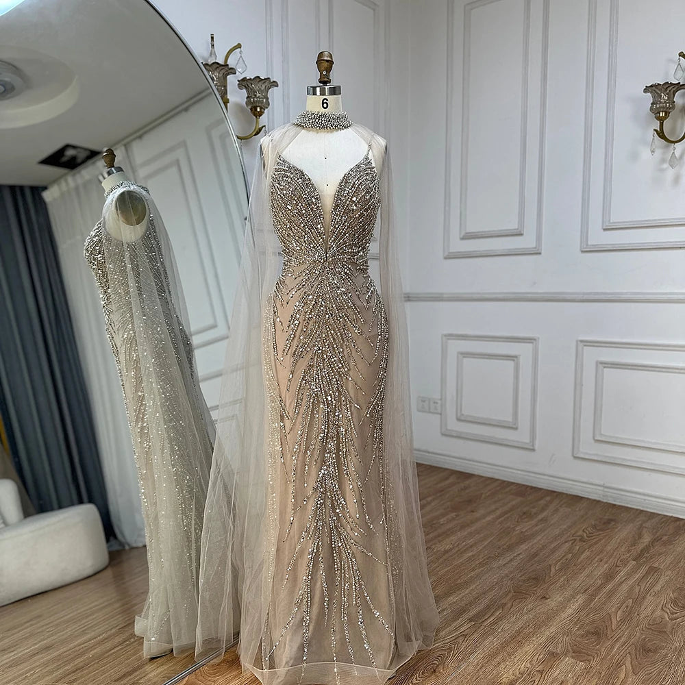 Serene Hill Spaghetti Strap Long Cloak Mermaid Caramel Beaded  Luxury Evening Dresses Gowns for Women's Party 2024 LA72768
