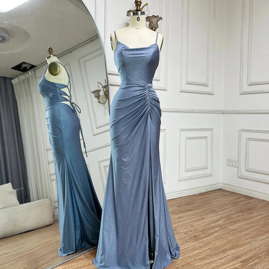 Serene Hill 2024 Saudi Arabic Blue Elegant Spaghetti Strap Mermaid Long Evening Gown with Split for Formal Occasion LA72720