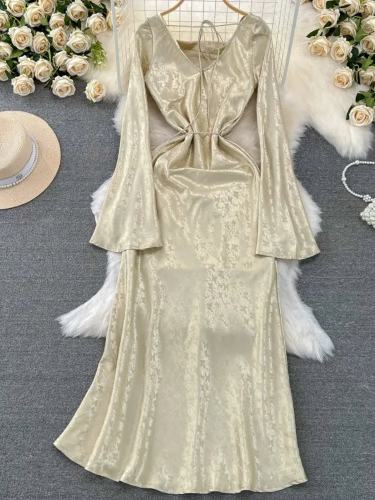 Autumn Evening Dresses for Women Elegant Bodycon Party Prom Robe Vintage Flare Sleeve Swinging Collar Midi Vestidos Mujer New