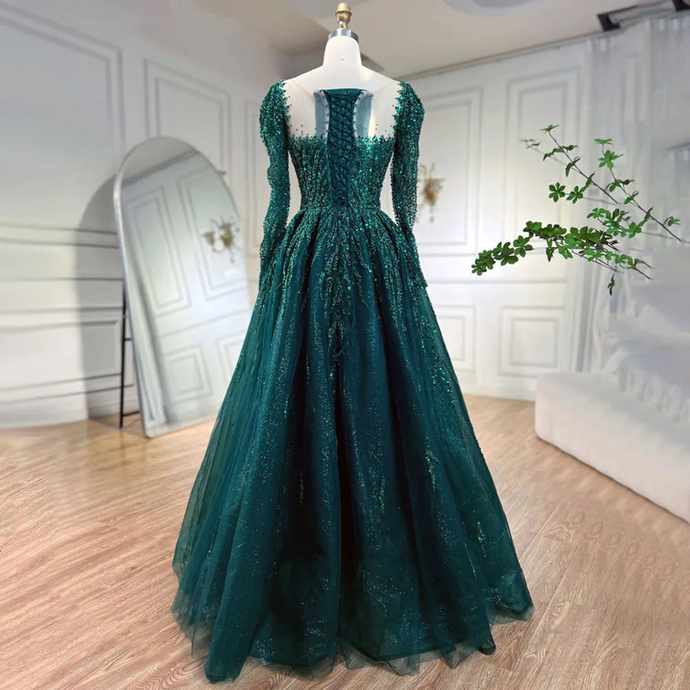 Serene Hill Muslim Pink A Line Beaded Luxury Dubai Long Evening Dresses Gowns 2024  For Woman Wedding Party LA71915
