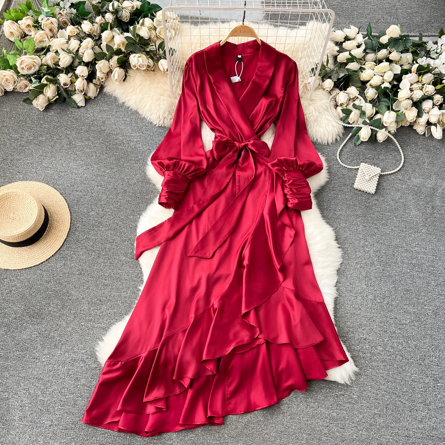Women Elegant Satin Dress Summer Bandage High Waisted Ruffled Irregular Blazer Dresses Ladies A-line Vintage Party Long Robe