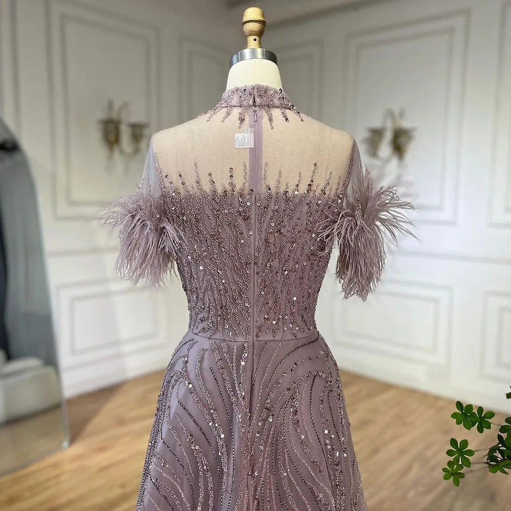 Serene Hill 2024 Arabic blue A Line Short Sleeveless Luxury Evening Dresses Beaded Feathers For Women Wedding Party LA72351