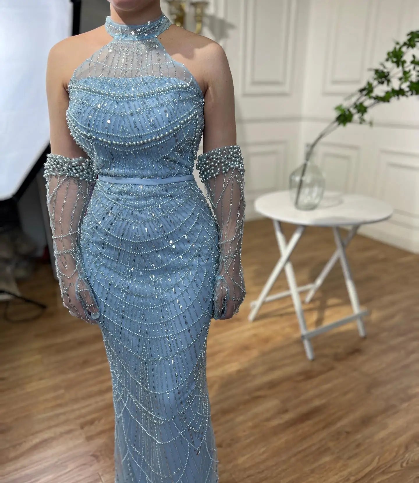 SERENE HILL Dubai Arabic Nude Mermaid With Gloves Luxury Beaded Evening Dresses Gowns 2024 For Women Wedding Party GLA72032A