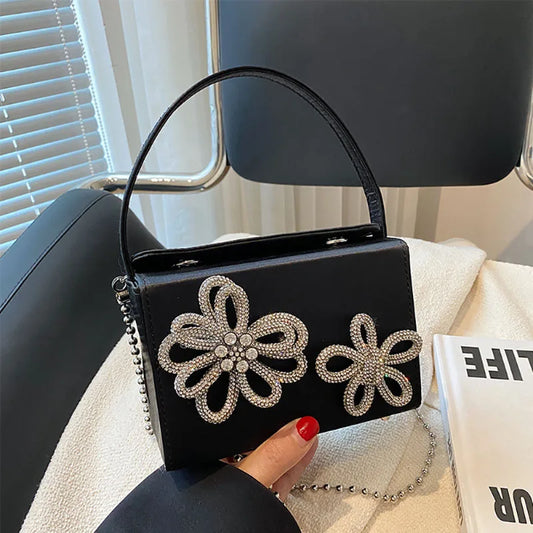 Light Luxury High-Grade Women Chain Crossbody Bag Korean Design Sense Diamond Flower New Pop Handbag Fashion Box Mini Square Bag