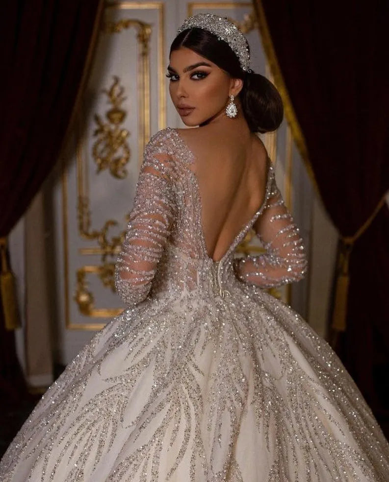 2023 Glitter Backless Wedding Dresses Ball Gown Arabian Luxury Sheer Neck Full Sleeves Sequins Bridal Gowns Vestidos De Novia