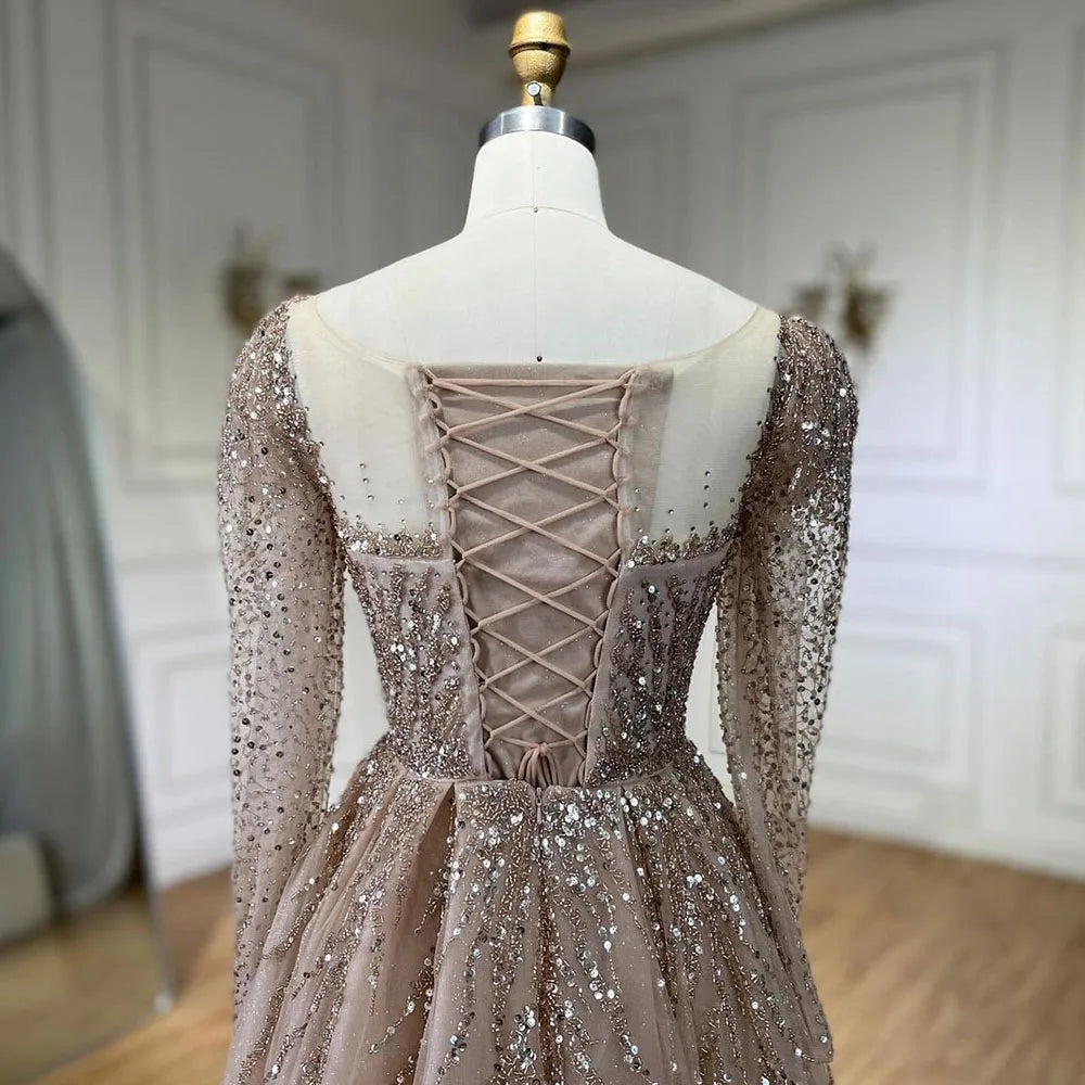 Serene Hill Muslim Pink A Line Beaded Luxury Dubai Long Evening Dresses Gowns 2024  For Woman Wedding Party LA71915