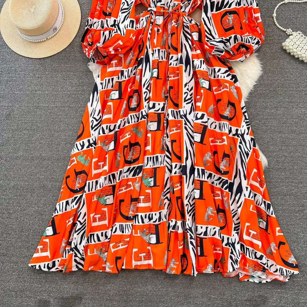 Elegant Women Casual Floral Print Party Dress Vintage Lantern Sleeve A-Line Pleated Prom Birthday Clothes Female Fashion Robe