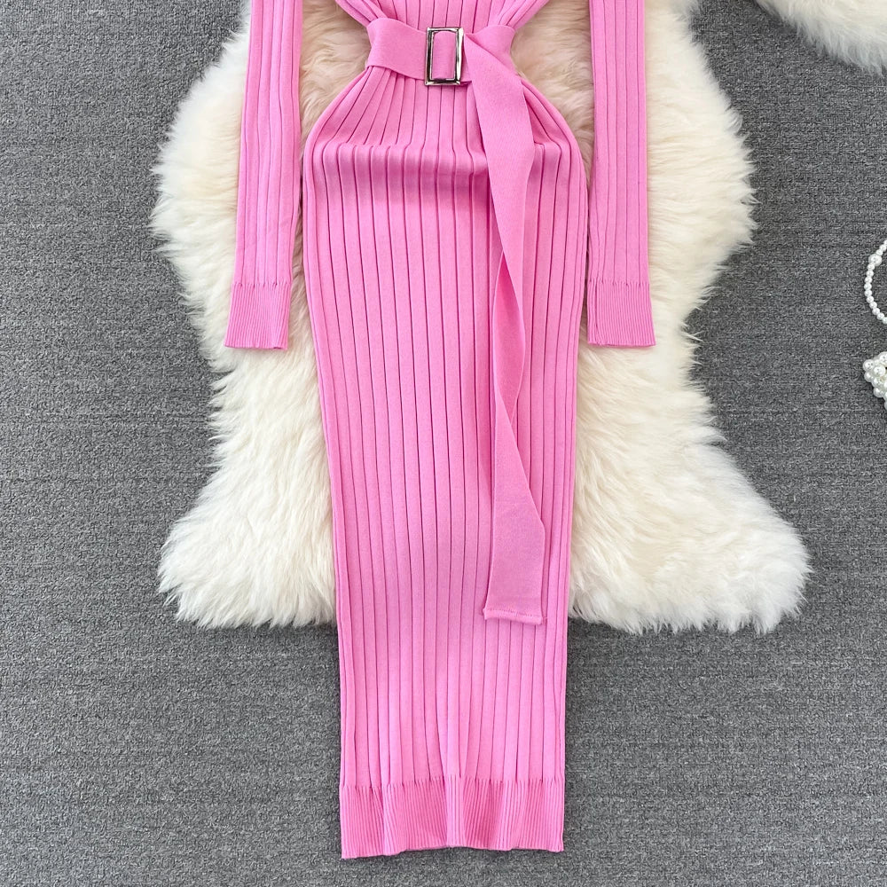 Chic Elegant Turtleneck Long Sleeve Bodycon Dress with Belt Sexy Fashion Knit Vestido Slim Autumn Winter Pencil Sweater Robe