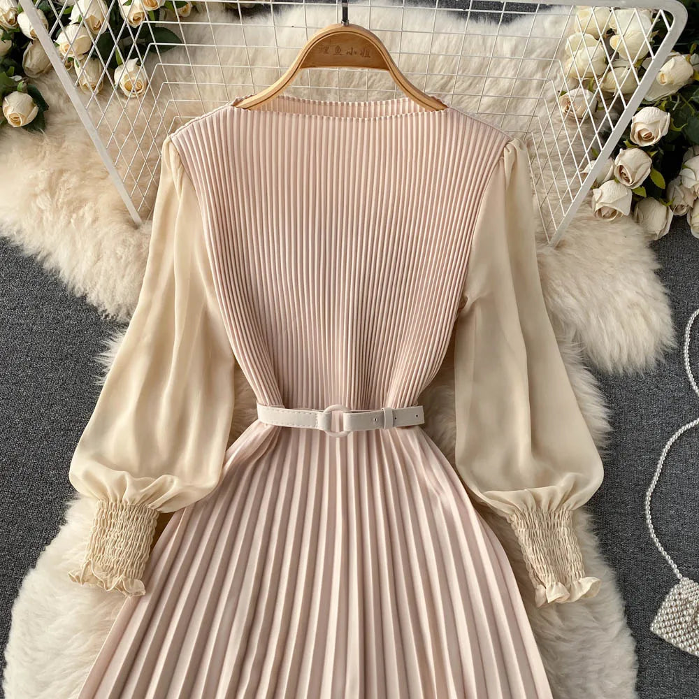 Chic Pleated Elegant Puff Sleeve Dress A-line Chiffon High Waist Belt Beach Vacation Party Dress Women Summer Spring Vestidos