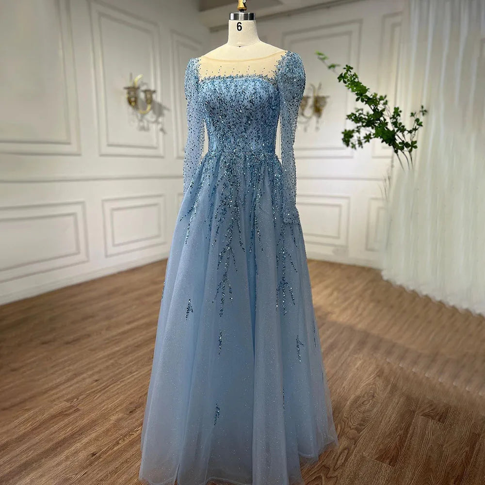 Serene Hill Muslim Pink A Line Beaded Luxury Dubai Long Evening Dresses Gowns 2024  For Woman Wedding Party LA71915