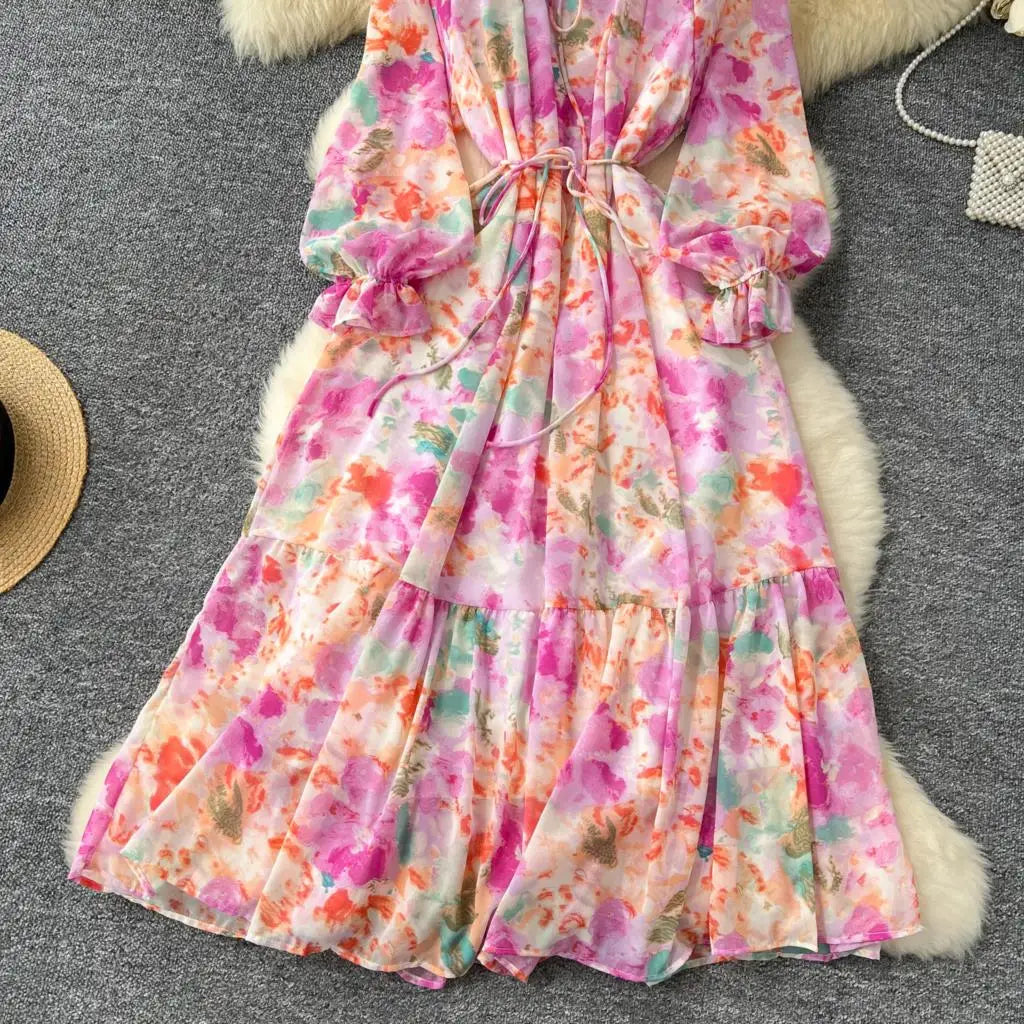 Elegant Floral Print Party Dress for Women French O-Neck Embroidered Flares Lace Up Lantern Long Sleeves Chiffon Long Dresses