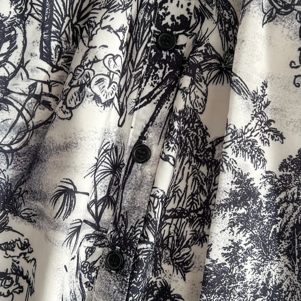 Summer Retro Shirt Dress Women Short Sleeved Lapel Single Breasted A-line Print Long Dresses Ladies Elegant Party Long Robe