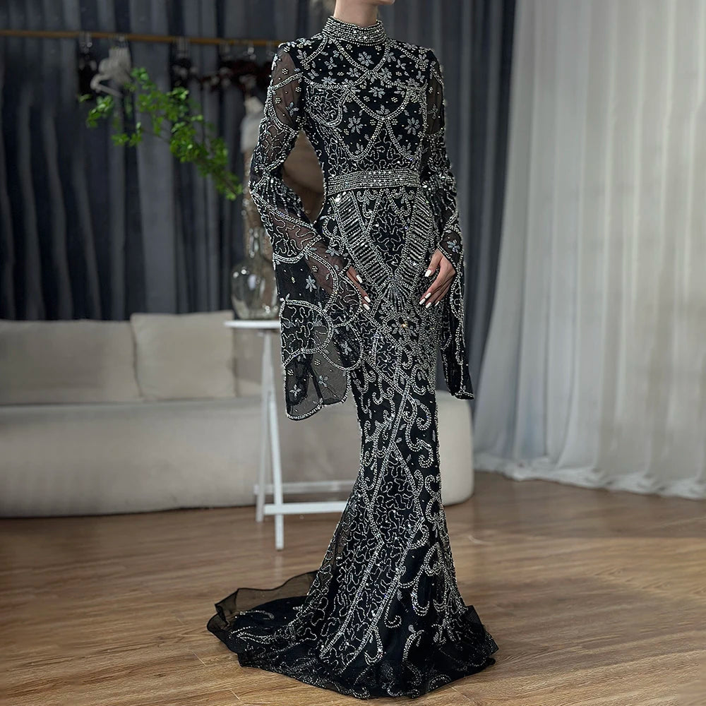 Serene Hill Muslim Grey Mermaid Elegant Nude Cape Sleeve Beaded Luxury Dubai Long Evening Dress 2024 Women's Party LA72316