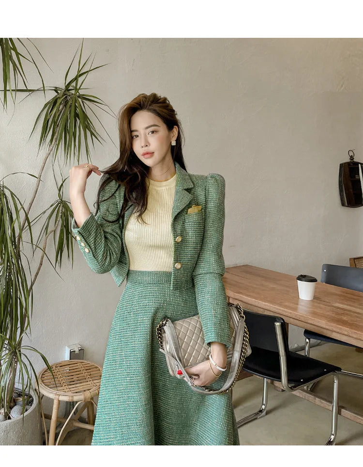 Elegant Temperament Two-Piece Set Tweed for Women Short Blazer Jacket +High Waist Swing Skirt Suits Green Korean Outfits