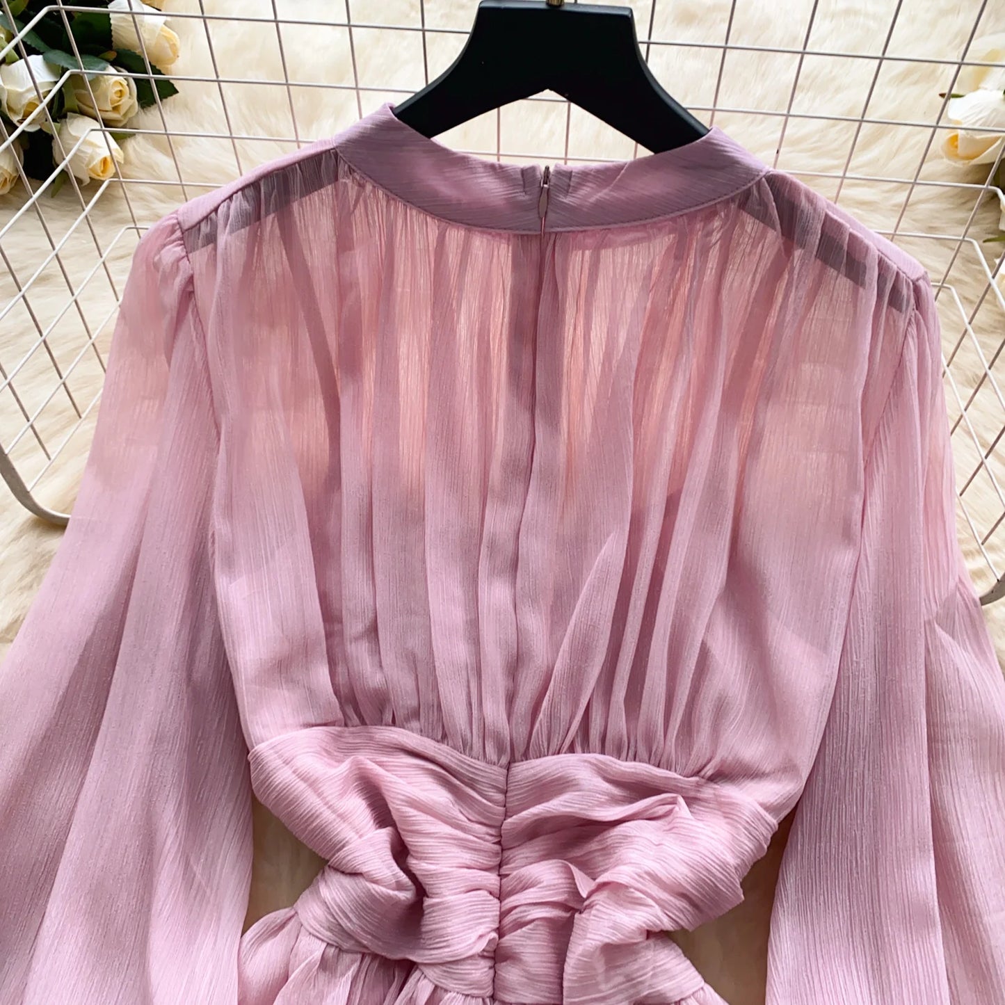 Elegant Tassel Beaded Lantern Sleeve Midi Dress Women French Stand Collar Slim A-Line Pleated Female One Piece Casual Mujer New