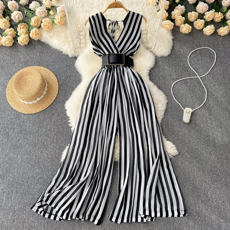 Women Chiffon Striped Jumpsuits Summer Sexy V-neck Sleeveless Elegant Wide-leg Long Pants Playsuits Ladies Dot Romper Overall