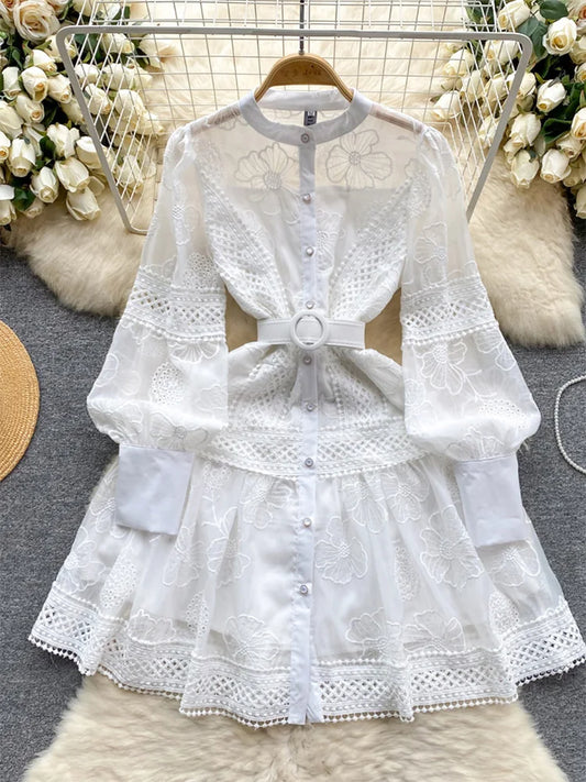 Spring Dresses 2024 Crochet Trim Cutwork Embroidery Mini Holiday Dress Women Stand Collar Long Sleeve Elegant Party Dresses