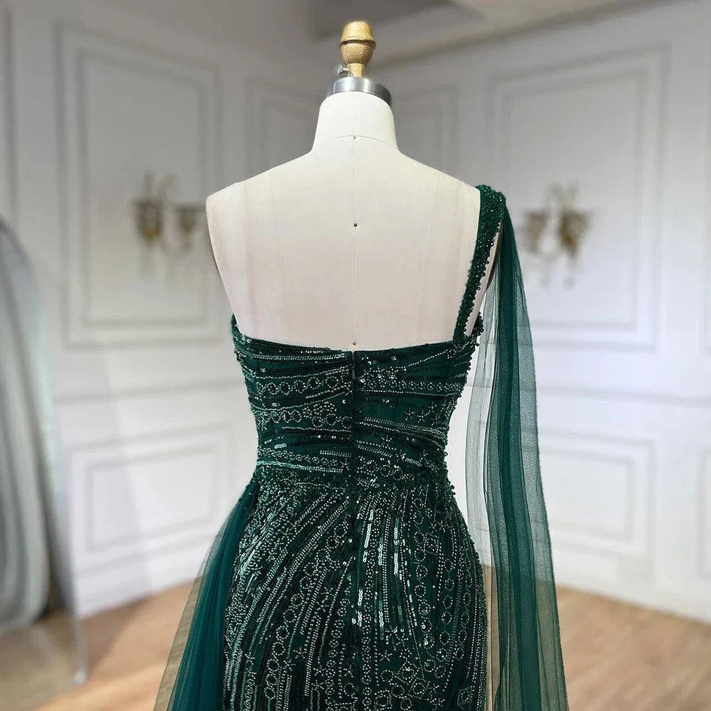SERENE HILL 2024 Green One Shoulder Mermaid Evening Dresses With Cape Sideskirt  Luxury Gown For Women Wedding Party GLA72472