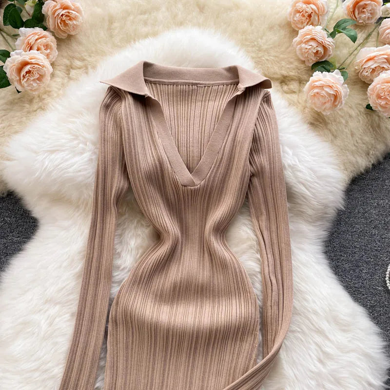 Women Chic Elegant Long Sleeve Split Bodycon Midi Dress Sexy French Fashion Knit Wrap Vestidos Elastic Slim Pencil Sweater Dress