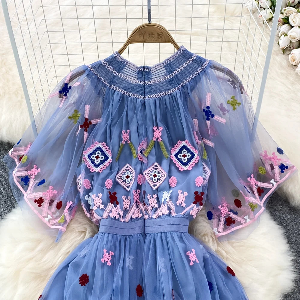 Summer Designer Fashion Runway Maxi Dress Women Short Sleeves Vintage High Quality Mesh Embroidery Long  Party Dress