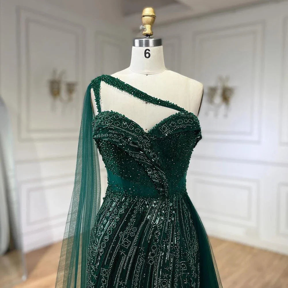 SERENE HILL 2024 Green One Shoulder Mermaid Evening Dresses With Cape Sideskirt  Luxury Gown For Women Wedding Party GLA72472
