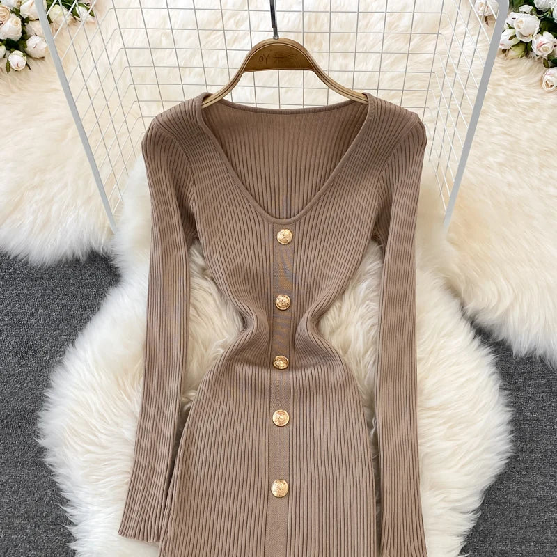 Chic V Neck Long Sleeve Elegant Mermaid Dress Sexy slim Evening Party French Fashion Knit Vestidos High Waist Autumn Slim Robe