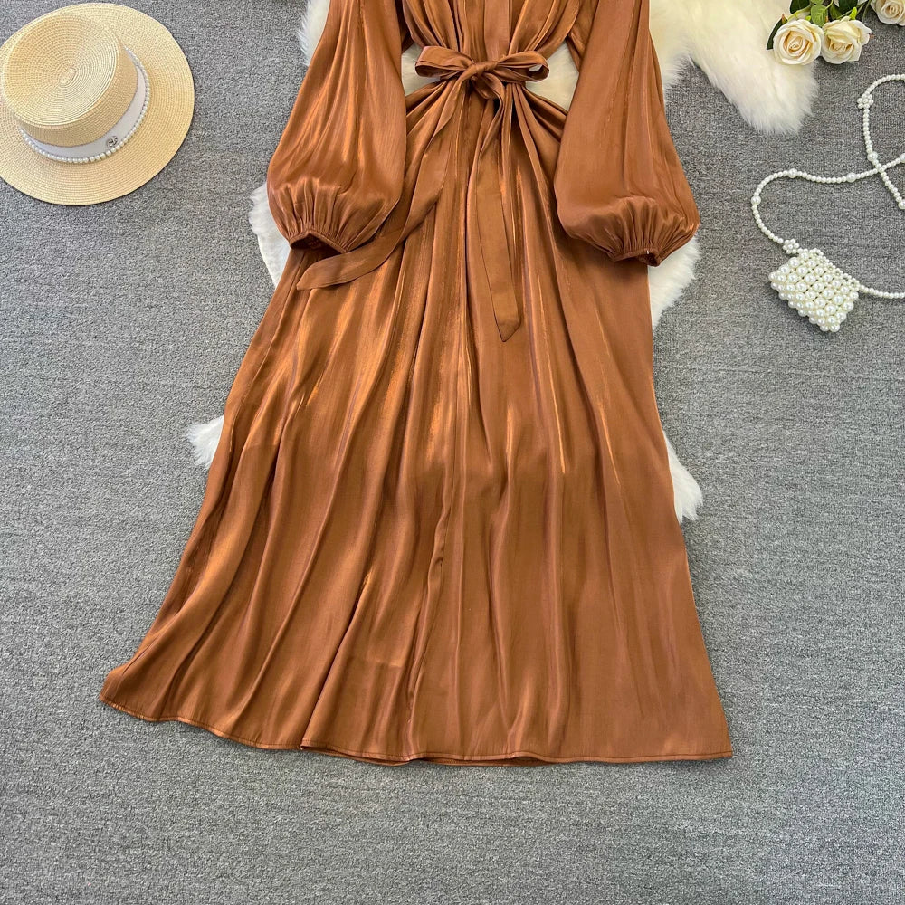 Autumn Elegant Women Fashion Party Long Dress Bow Lace Up Long Sleeve Evening Dresses A-Line Casual Vestidos One Piece Prom Robe