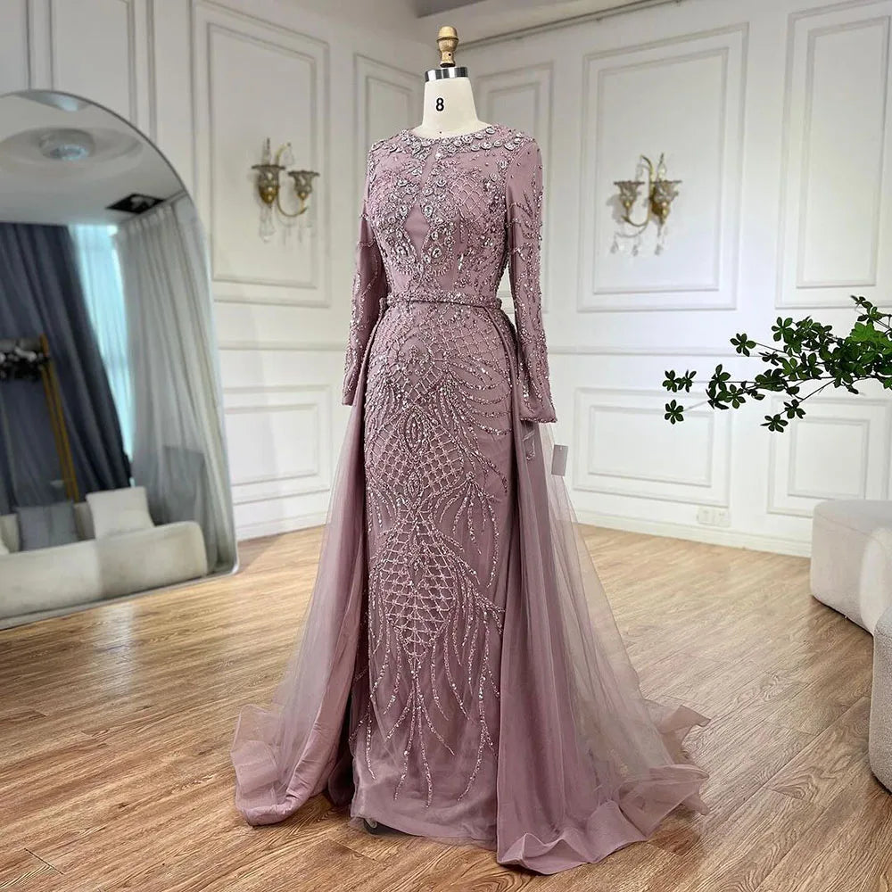 Serene Hill Muslim Silver Nude Mermaid Gown with Detachable Overskirt Beaded Evening Dress for Women Wedding Party 2024 LA71919