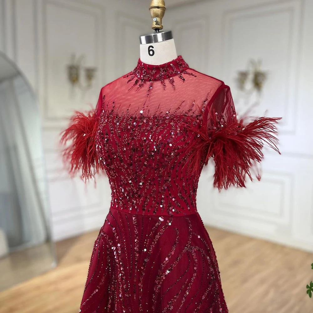 Serene Hill 2024 Arabic blue A Line Short Sleeveless Luxury Evening Dresses Beaded Feathers For Women Wedding Party LA72351
