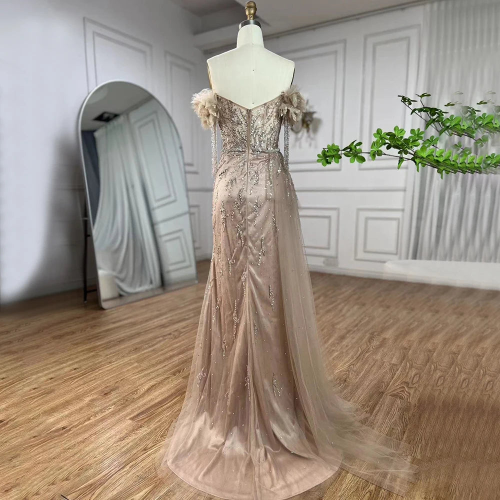 Serene Hill Arabic Dubai Nude Mermaid Luxury Evening Dresses Gowns Boat Neck Beaded Tassel For Women Wedding Party 2024 LA72260